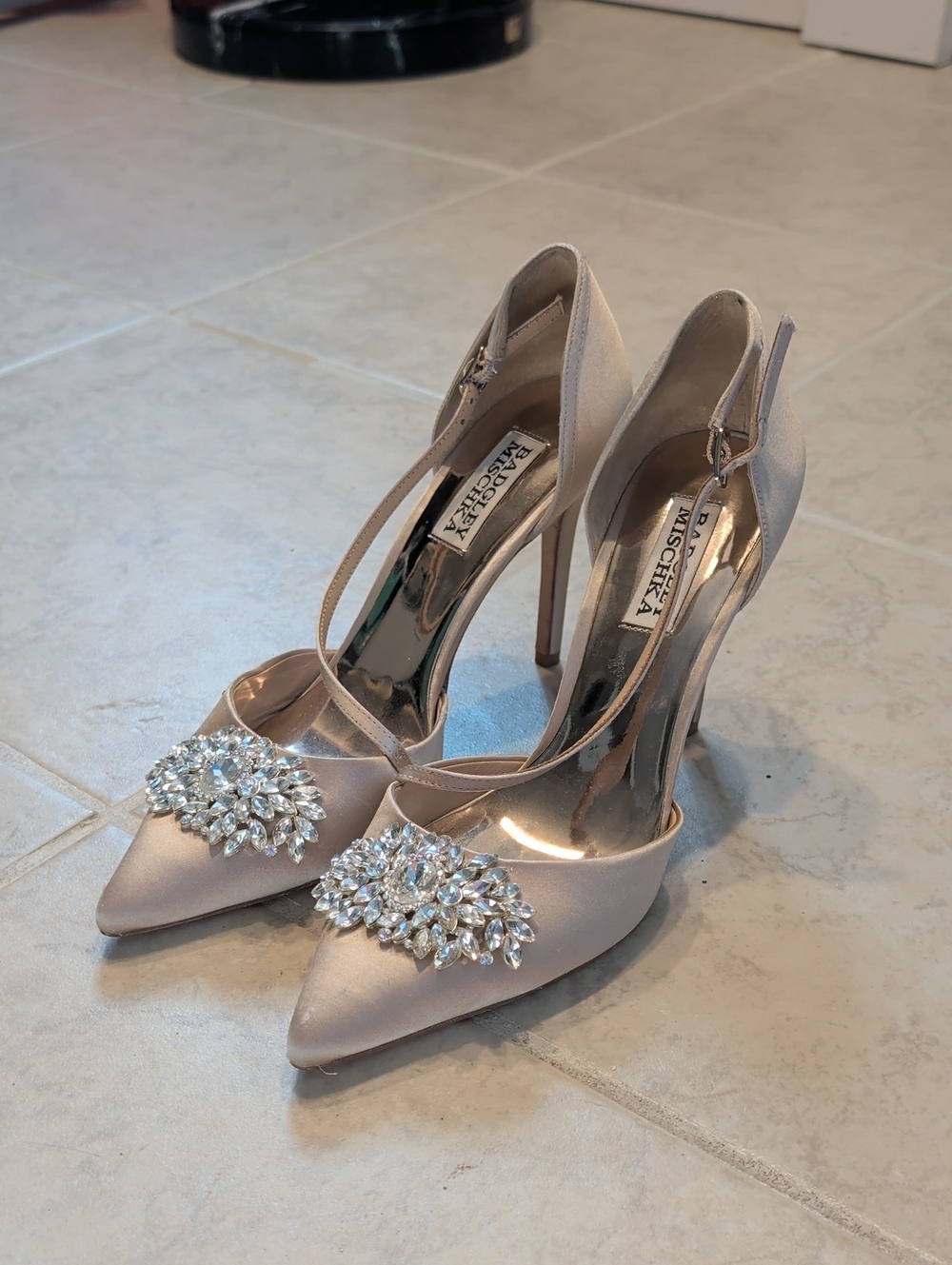 Badgley Mischka Blush Satin Jeweled Pointed-Toe Heels